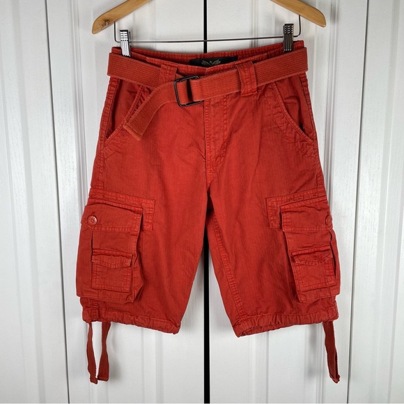 FJ Other - Y2K 2000s Ripstop Cargo Utility Shorts Men’s 28 Burnt Orange Tie Belted Faded